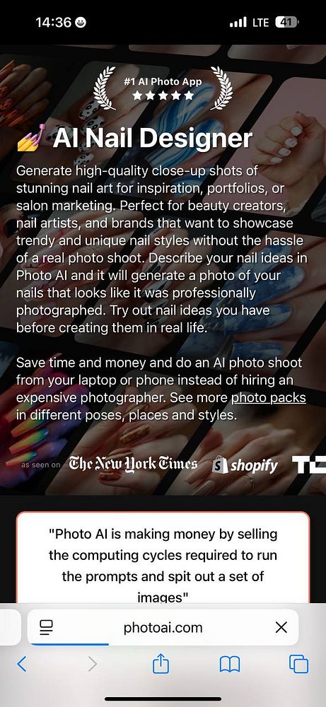 The image displays a promotional interface for the AI Nail Designer app, showcasing its features and benefits.