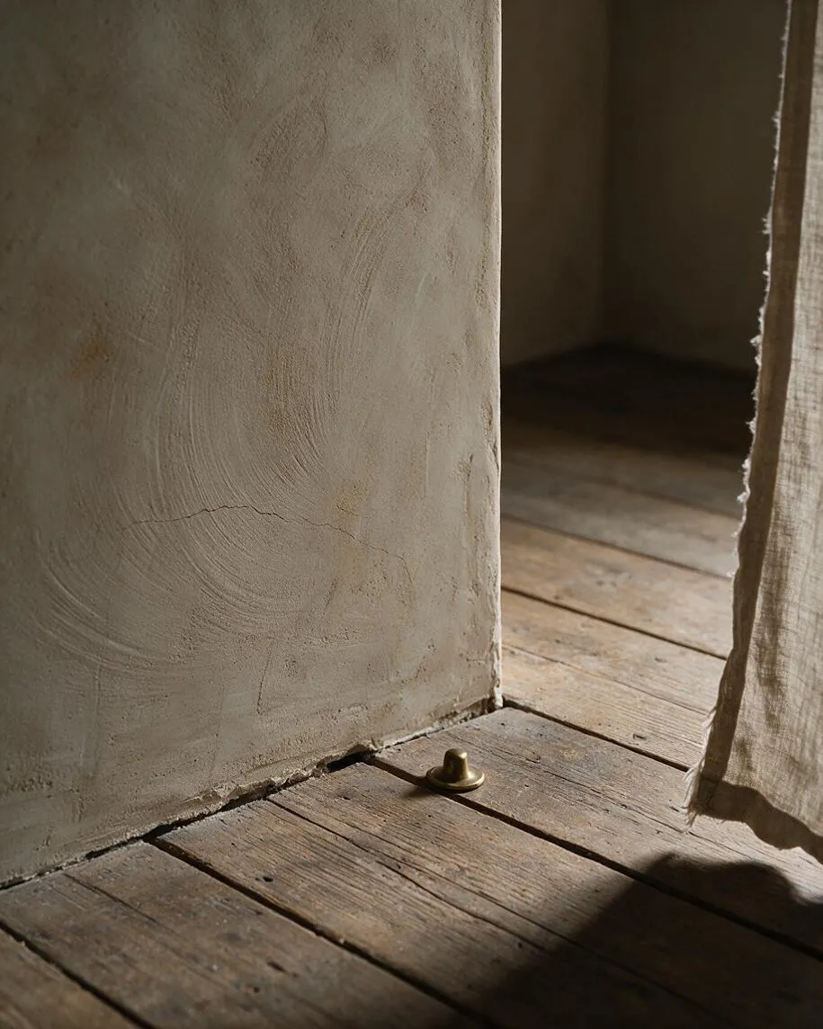 A close-up of a Wabi-Sabi interior detail with a hand-finished plaster wall meeting worn wooden floorboards. A sheer beige curtain hangs at the right edge, and a small brass floor fitting sits near the corner, with soft natural light emphasizing the aged textures.