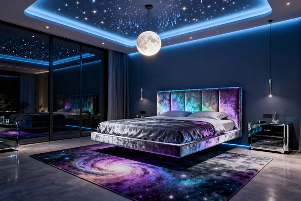 A contemporary bedroom features a fiber‑optic star ceiling with blue cove lighting and a large spherical moon pendant centered above a low, floating bed upholstered in iridescent galaxy‑hued velvet and dressed in silver bedding. A galaxy‑print rug sits on polished concrete floors, flanked by mirrored nightstands and sliding mirror wardrobe doors, while slim pendant lights and under‑bed LEDs create a glowing, cosmic ambience against deep navy walls.