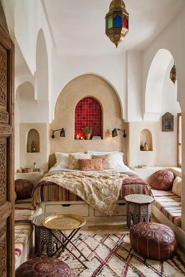 A Moroccan-style master bedroom with a central bed framed by white plaster arches and a beige alcove behind the headboard. The room features colorful mosaic details, carved wooden accents, hanging lanterns, patterned rugs, striped built-in benches, and round leather floor cushions in warm earthy tones.