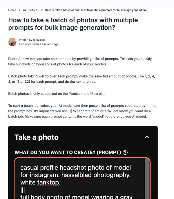 The image displays a user interface for a photo-taking feature with prompts for bulk image generation.