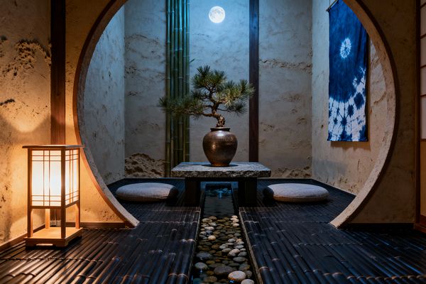 A circular moon gate frames a minimalist alcove with a low stone table holding a bonsai pine in a ceramic vase. Two round floor cushions sit on dark bamboo slat flooring that borders a shallow water rill filled with smooth river pebbles. A wooden shoji lantern casts warm light on textured beige plaster walls, while cool moonlight highlights vertical bamboo and an indigo shibori textile beside a shoji screen.