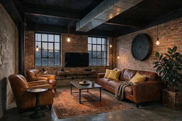 A moody industrial basement living room with exposed brick walls, black ceiling beams and ductwork, and large factory-style windows. Brown leather sofa and armchairs sit around a metal coffee table and patterned rug, with hanging Edison bulbs, a wall-mounted TV, and a large round clock adding warmth and character.