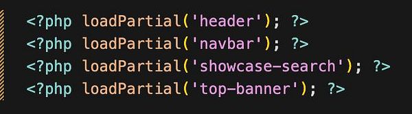 The image displays a snippet of PHP code for loading partials in a web application.