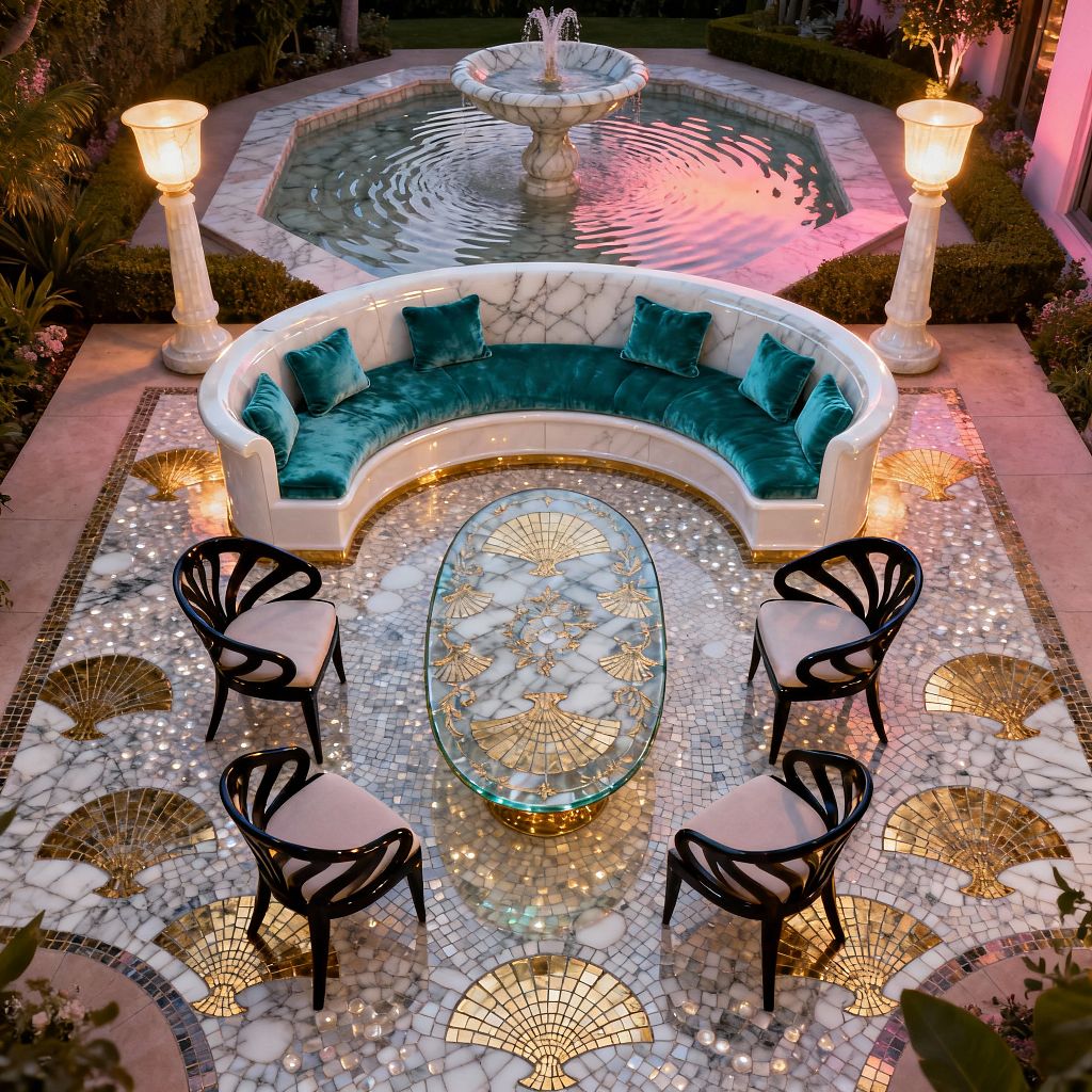 An outdoor patio arranged around a circular fountain features a curved white marble sofa with teal velvet seat and pillows, an oval glass coffee table displaying gold shell motifs, and four black sculptural chairs with light cushions. The floor is a white and gray marble mosaic with gold fan inlays and tiny embedded lights. Two classical pedestal lamps cast a warm glow while sunset pink reflects on surrounding walls and water.