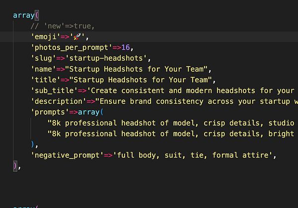 The image displays a code snippet related to a task for creating professional headshots.