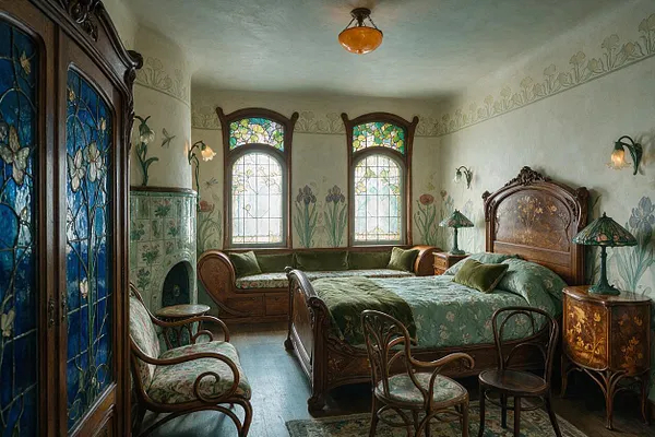 A master bedroom designed in Art Nouveau style with an ornate carved wooden bed, matching arched stained-glass windows, floral wall murals, and curved wood furniture. The room features green patterned bedding, antique lamps, a decorative tiled fireplace, and rich amber glass lighting with a soft, nostalgic atmosphere.