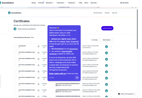 The image displays a web dashboard for managing digital certificates on the ScoreDetect platform.