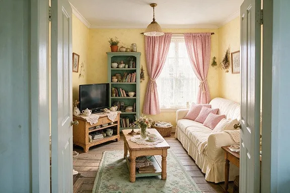 A Cottagecore living room in the Butter and Rose palette