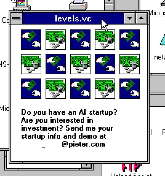 A retro-style computer window displays a message about AI startup investment opportunities.