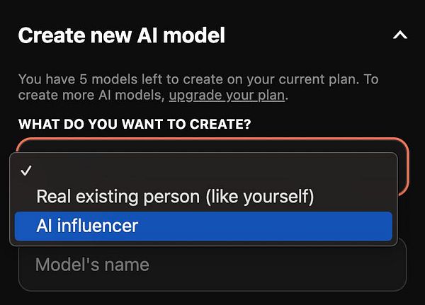 The image displays a user interface for creating a new AI model with options for selecting the type of model.