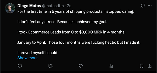 A Twitter post by Diogo Matos reflecting on his recent achievements in building a business.