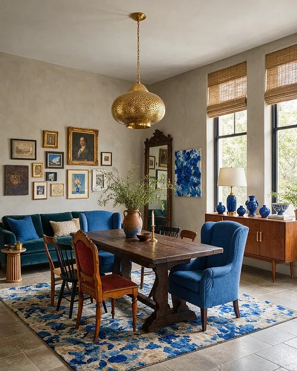 An eclectic dining room with a rustic dark wood table, mixed dining chairs in blue and red upholstery, and a large blue patterned rug. A brass pendant light hangs over the table, while a gallery wall of framed art and an ornate mirror add character. Natural light enters through tall windows with woven shades, and a wooden sideboard displays blue ceramics.