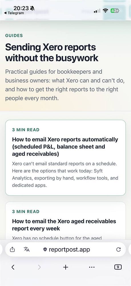 Mobile screen displaying a guide webpage on sending Xero reports automatically with practical tips for bookkeepers and business owners.