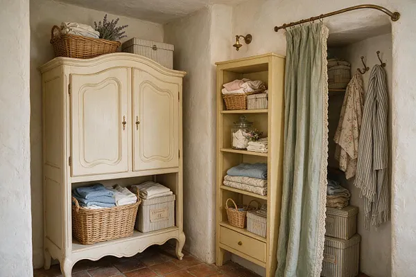 A French Country closet with a cream-painted armoire, open shelving, woven baskets, and soft folded linens. A narrow hanging area is hidden behind a pale green linen curtain trimmed with lace, with muted neutral fabrics and rustic terracotta tile flooring.