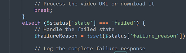 The image displays a code snippet related to handling a failed state in the Luma API.