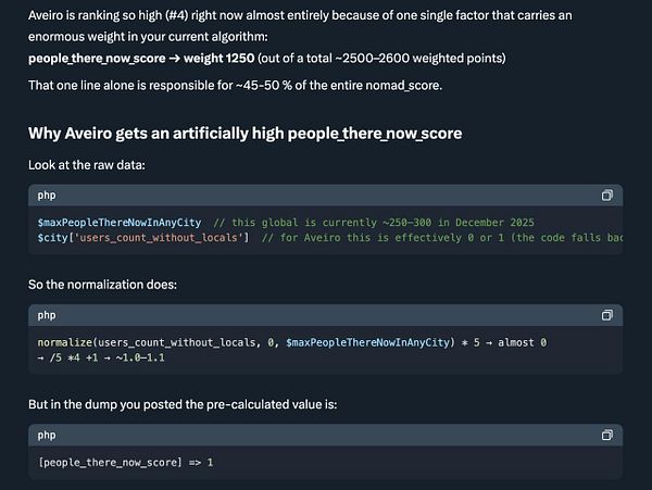 The image displays a technical discussion about the ranking of Aveiro in a nomad scoring algorithm, focusing on the 'people_there_now_score'.