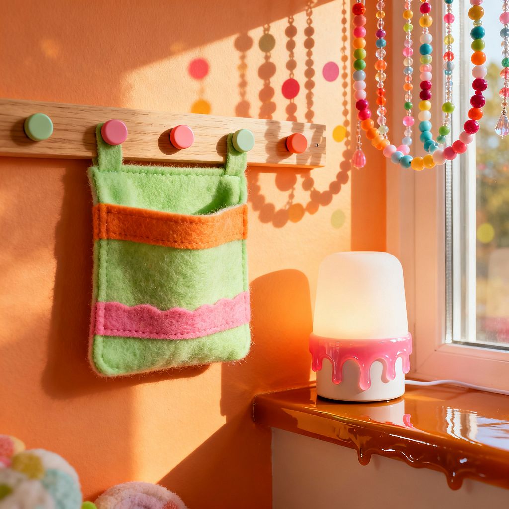 Close-up of a playful kids’ room corner in bright daylight. A sherbet-orange wall with pastel polka dots holds a natural wood peg rail with round pastel hooks and a soft green felt pocket trimmed in orange and pink. Beside a white-framed window, a small lamp with a frosted shade and bubblegum-pink drip base sits on a glossy caramel-drip sill, while colorful acrylic beads hang nearby and cast dotty, rainbow shadows.