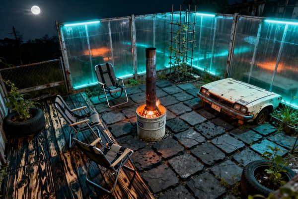 A night patio enclosed by translucent corrugated panels washed in cyan LED light. The floor is irregular dark concrete pavers with a tall steel rocket-stove burning inside a concrete drum at center. A charred wood deck holds foldable aluminum chairs, while tires are repurposed as planters. On the right, the rusted front half of an old cream car sits low beside a rebar trellis. Chain-link fencing and weeds complete the gritty, post-apocalyptic look.