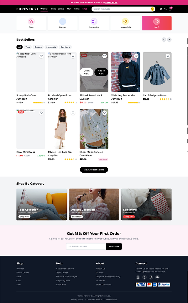 The image displays a webpage from Forever 21 showcasing best-selling clothing items and categories.