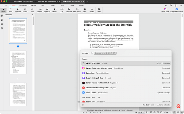 Screenshot of a PDF viewer and a search interface for PDF extraction scripts on a Mac screen.