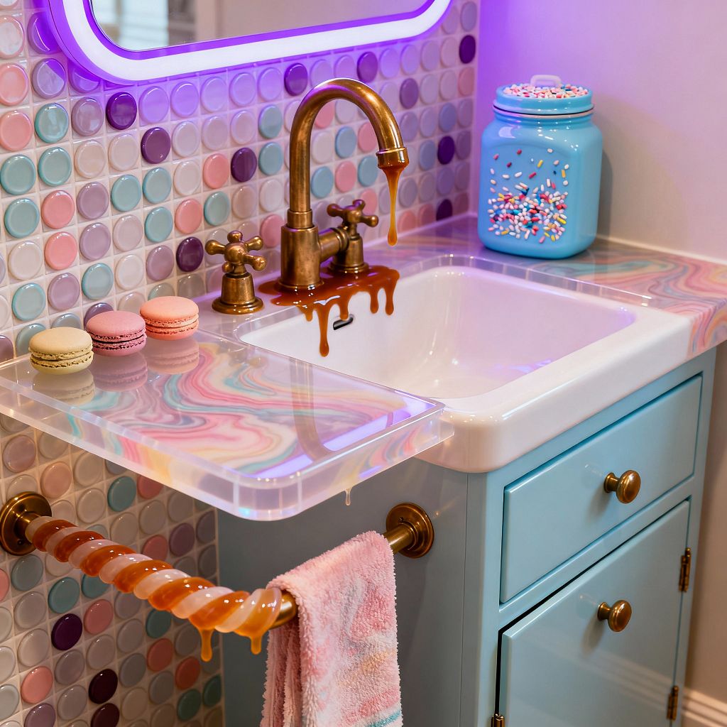 A whimsical laundry sink vignette features a white porcelain basin set into a swirled acrylic resin countertop and an aqua cabinet with brass hardware. A brass faucet with caramel-like drips stands before a pastel penny-tile backsplash; a purple LED backlit mirror glows above, a candy-cane towel bar holds a plush striped towel, and a sprinkle-topped ceramic jar and pastel macarons sit on the counter.