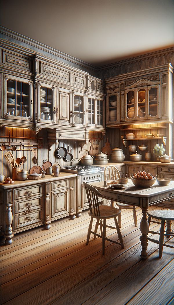 A vintage kitchen with cabinets and a dining table showcasing a distressed wood finish, complementing accessories that include antique-looking hardware, and walls with an aged patina.