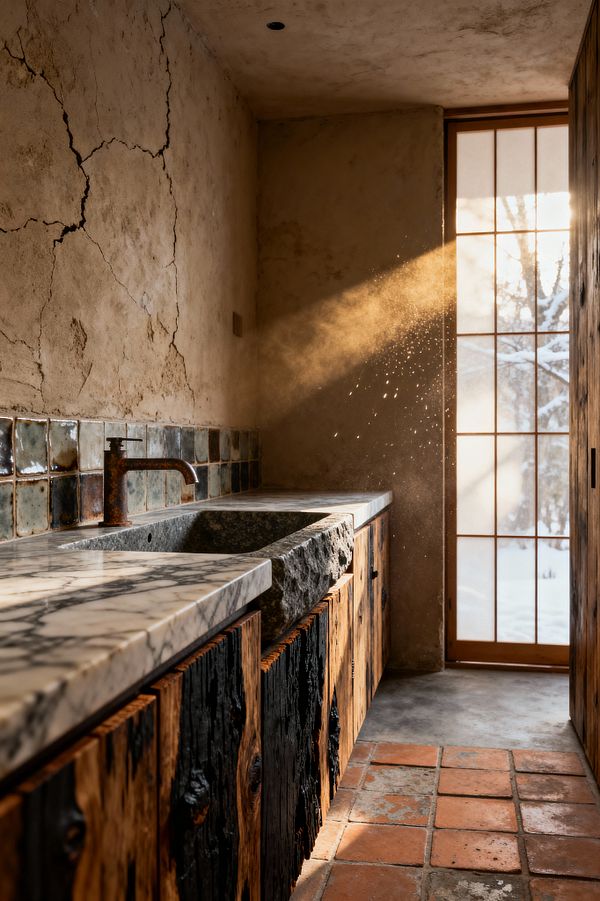 A narrow kitchen with charred wood cabinetry and a white marble countertop features a rough-hewn granite trough sink and a rusty metal faucet. Hand-glazed square tiles in mottled blue-green and brown line the backsplash, cracked lime plaster walls and a terracotta-tiled floor meet a smooth concrete threshold, while sunlight streams through a shoji-style wood grid door, illuminating dust and emphasizing the earthy, timeworn textures.