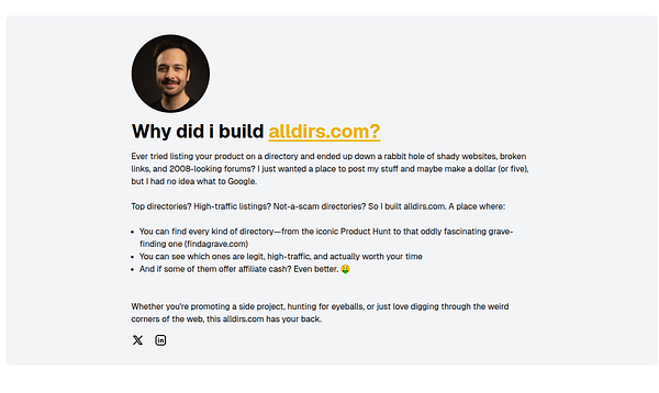 The image features a personal introduction about the website alldirs.com, accompanied by a photo of a man.
