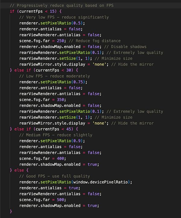 The image displays a code snippet for dynamically adjusting graphical quality based on frame rate (FPS).