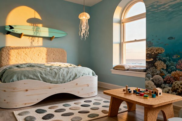 A coastal-themed kids’ bedroom with soft aqua walls features a pale pine bed with wave-shaped sides and a rounded beige boucle headboard. A mint surfboard hangs above the bed, while a jellyfish pendant light glows. An arched window with a cushioned bench overlooks the ocean beside a vivid coral reef wall mural. A low cork play table with wooden blocks sits on a white rug patterned with pebble shapes over light wood flooring.