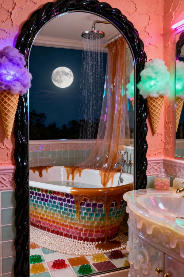 A whimsical candy-themed bathroom shows a freestanding tub clad in rainbow glass mosaic with glossy caramel-like drips beneath a ceiling-mounted rainfall shower. Bubblegum-pink textured walls, mint ceramic tiles, and a black licorice-style arched mirror frame define the space, with waffle-cone sconces topped by cotton-candy shades and neon glow. An iridescent vanity, translucent amber curtain, pearl strands, and gummy-shaped floor accents appear, with a full moon visible through the window.