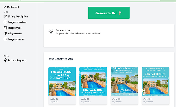 The image displays a user interface for generating ads, showcasing several generated ad cards.