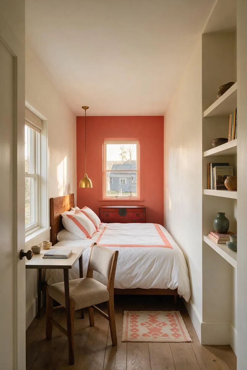A narrow guest bedroom with white walls, a coral back wall, and a wood bed dressed in white bedding with coral trim. A brass pendant hangs over the bed, built-in shelves line the right wall, and a small desk with a chair sits by the window on the left.
