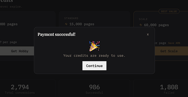Screenshot of a website displaying a payment confirmation page for a subscription package purchase.