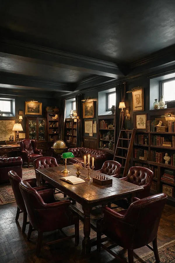 A basement room styled like a Dark Academia study, with dark painted walls and ceiling, built-in bookshelves, framed artwork, and leather armchairs around a long wooden table. Warm lamp light, brass accents, a globe, and candles create a scholarly, intimate atmosphere.