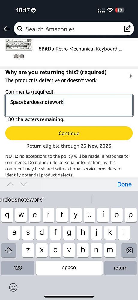 A mobile interface for returning a defective retro mechanical keyboard.