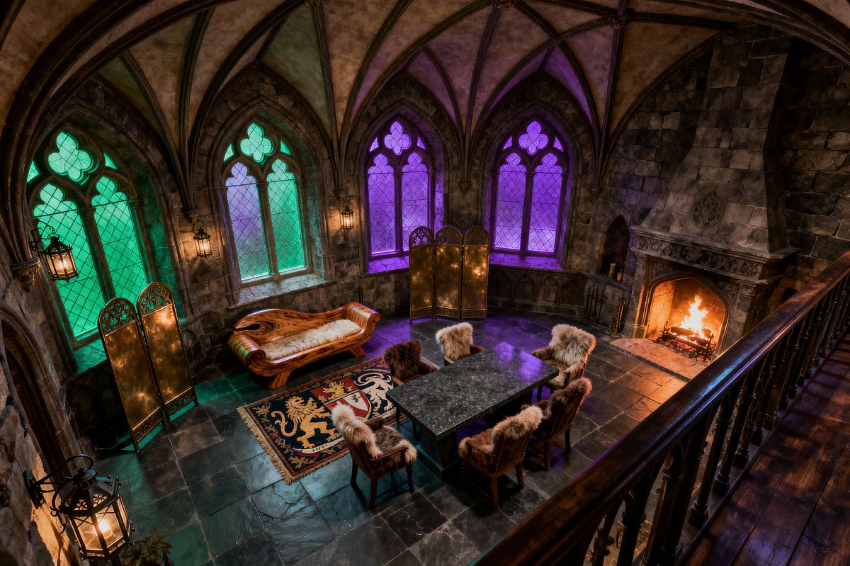 Room AI – Firelit Gothic Living Room with Stained Glass - Interior
