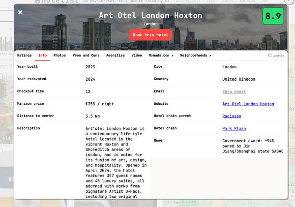Hotel information page for Art Otel London Hoxton showing detailed hotel data including ownership, location, and amenities.