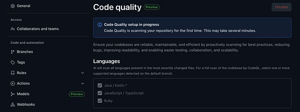 The image displays a GitHub interface focused on the Code Quality feature.