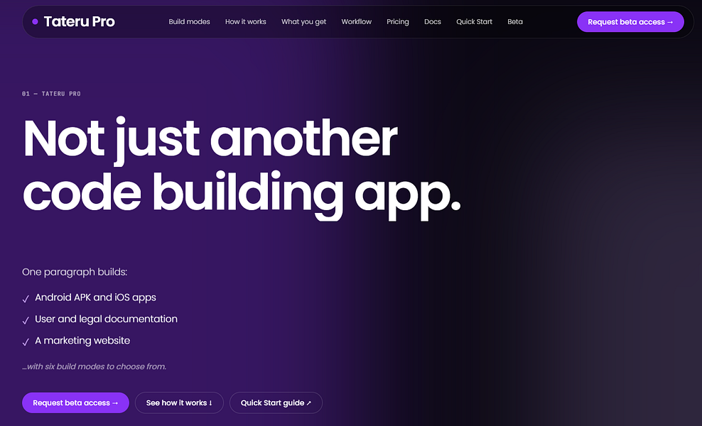 Tateru Pro – Real native apps, docs, and sites from a paragraph on your machine visual 3