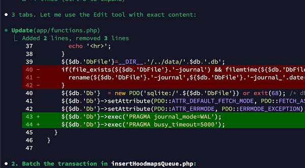 Screenshot of a VS Code editor displaying code and a comments section focused on a SQLite configuration issue related to journal_mode and WAL.