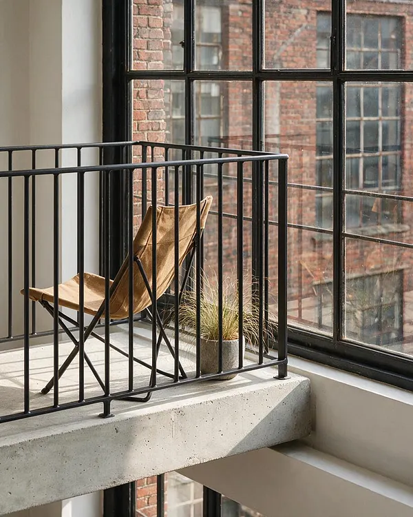 A small industrial-style balcony or landing with a black metal railing, a tan folding chair, and a potted grass plant on a raw concrete ledge. Large black-framed windows overlook an exterior brick building, creating a warm, urban loft atmosphere.
