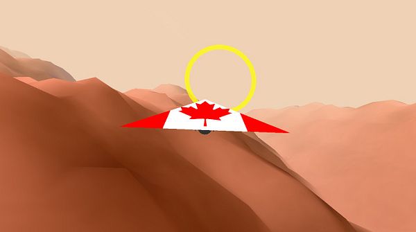 A stylized aircraft with a Canadian flag design is flying through a desert landscape.