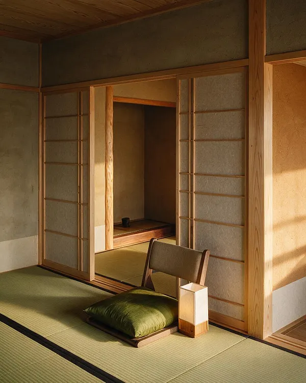 A serene Japanese Zen room with tatami mats, sliding shoji screens, and warm natural wood framing. A low floor chair with a green cushion and a small square lantern sit in the foreground, while soft sunlight casts long shadows across the minimalist space.