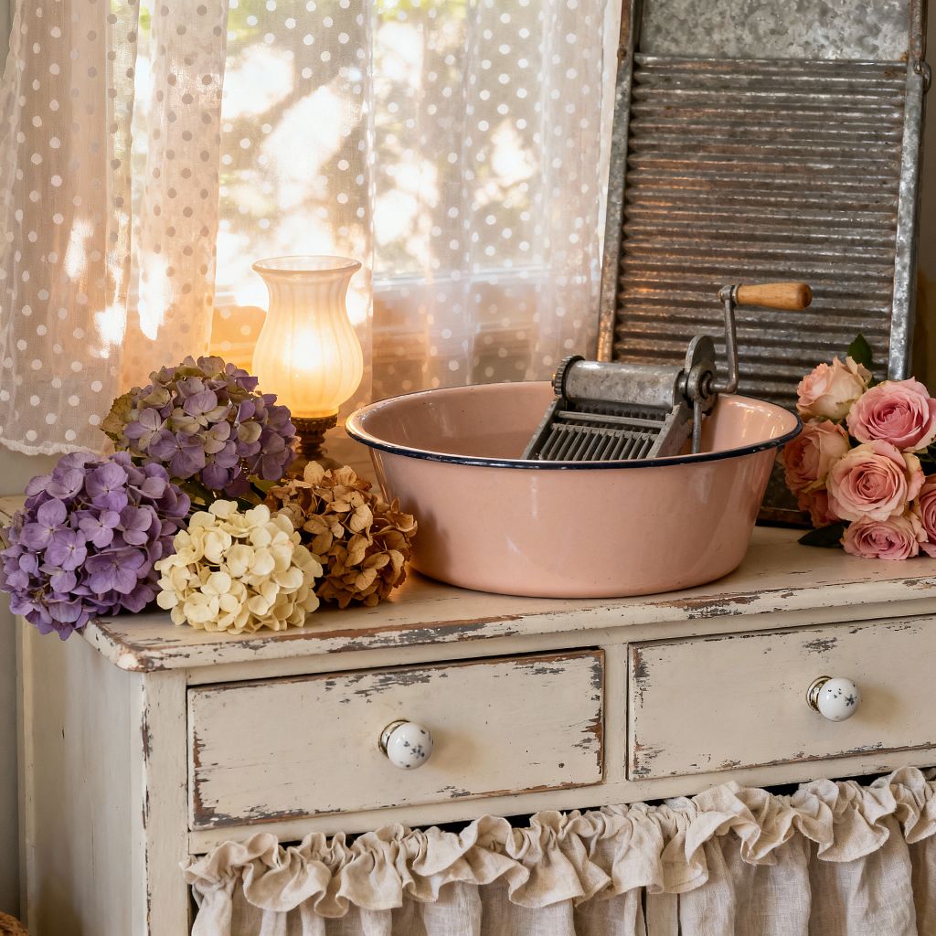 A shabby chic laundry vignette shows a distressed cream dresser with ruffled linen skirting, porcelain knobs, and a small glass lamp glowing beside a window with white polka-dot lace curtains. On the surface sit a blush pink enamel basin with a hand-crank wringer, a galvanized washboard, and clusters of pastel hydrangeas and pink roses, creating a soft, nostalgic atmosphere.