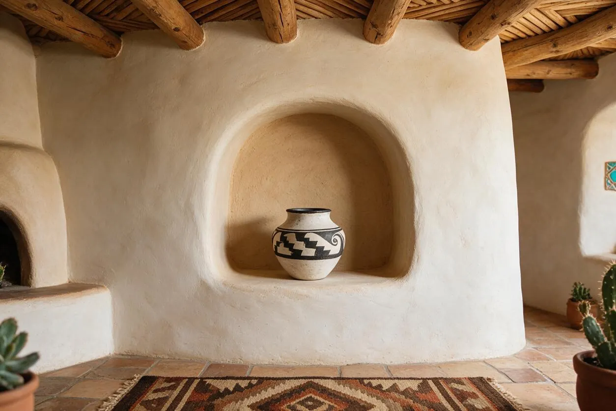 A Southwestern-style interior with smooth white adobe walls, rounded recessed niches, exposed rustic wood ceiling beams, and terracotta tile flooring. A black-and-white hand-painted ceramic pot sits centered in the main niche above a patterned woven rug, with small cacti adding warmth and texture.