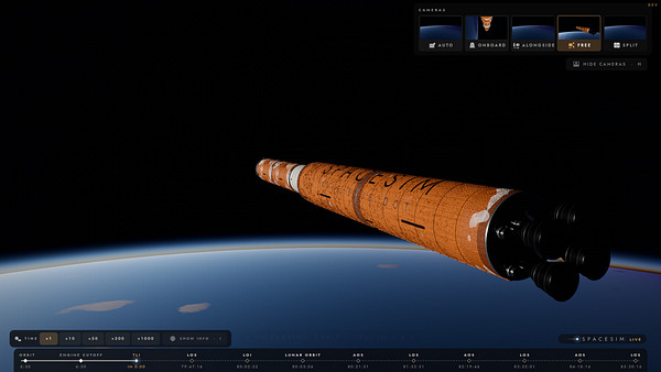 3D space simulation interface showing a large cylindrical spacecraft above planet Earth with camera controls and telemetry data displayed.