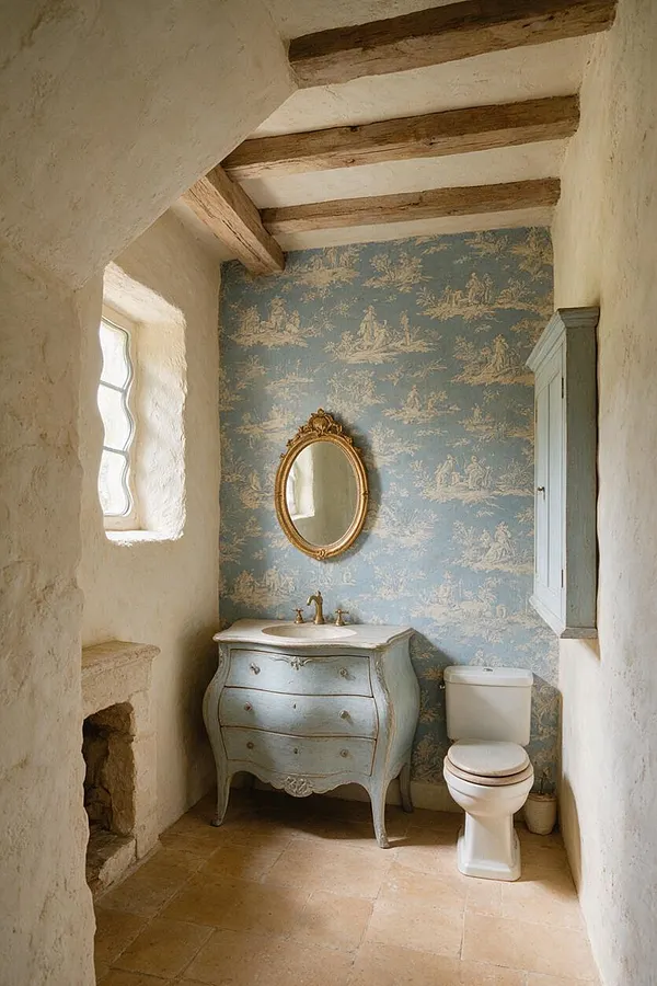 A narrow French Country powder room with exposed wooden ceiling beams, rough plaster walls, and a soft blue toile wallpaper accent wall. The room includes a distressed pale blue vanity with a marble top, an oval gilt mirror, a white toilet, and a small stone-framed window on the left.