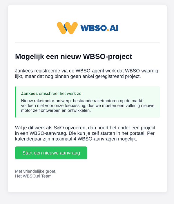 Screenshot of a POST request to a WBSO project suggestion API endpoint showing JSON response in a developer tool interface.